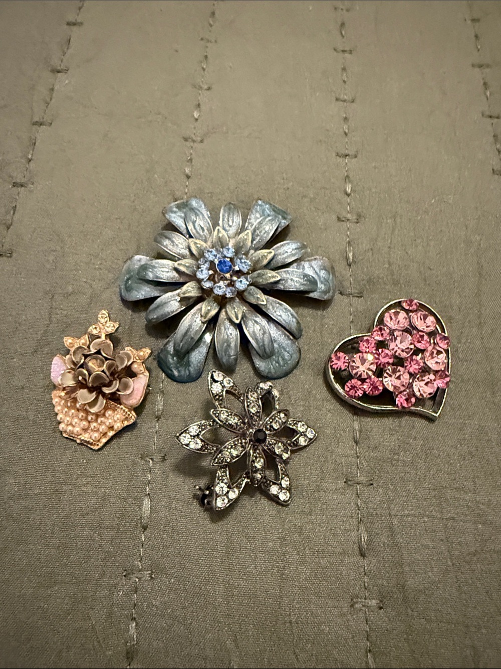 Vintage Brooch Set in Blue, Pink, Rose Gold and Silver